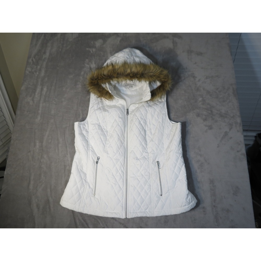 Black Rivet Vest Womens 2X White Quilted Puffer Hooded Faux Fur Trim Zip Up